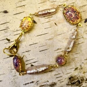 Pink Fire Opal In Glass And Baroque Pearls In Rae Tennis Bracelet Gold Plated